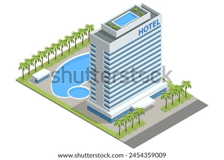 Isometric motel or hotel building. Modern hotel or motel building with parking and swimming pool People booking hotel and search reservation for holiday.