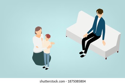 Isometric, a mother relaxing on the sofa with a father and a child