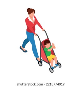 Isometric mother walking with baby in carriage 3d vector illustration