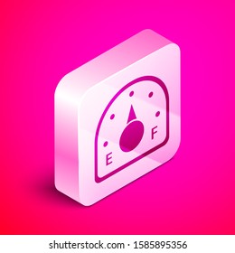 Isometric Motor gas gauge icon isolated on pink background. Empty fuel meter. Full tank indication. Silver square button. Vector Illustration