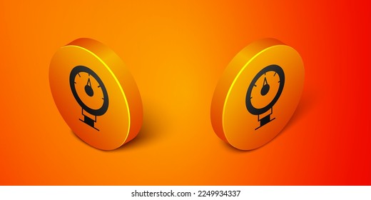 Isometric Motor gas gauge icon isolated on orange background. Empty fuel meter. Full tank indication. Orange circle button. Vector