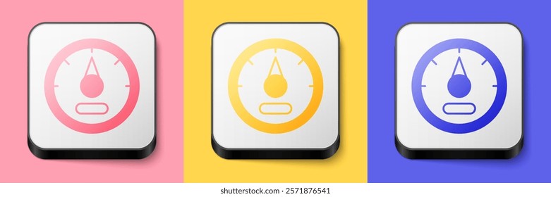 Isometric Motor gas gauge icon isolated on pink, yellow and blue background. Empty fuel meter. Full tank indication. Square button. Vector