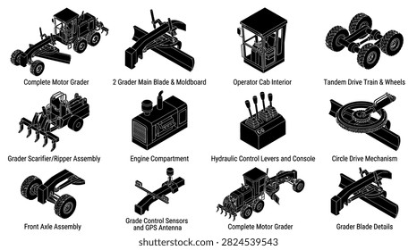 Isometric motor grader components and road construction parts.