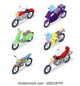 Isometric Motorcycle Set With Motocross And Biker Bike. Vector Flat 3d Illustration