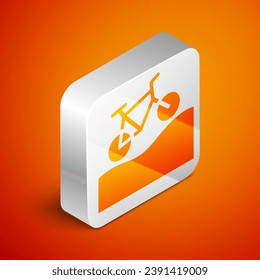 Isometric Mountain bicycle icon isolated on orange background. Bike race. Extreme sport. Sport equipment. Silver square button. Vector