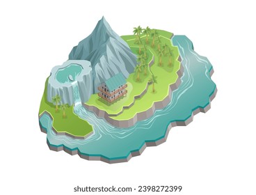 isometric mountain island with waterfall and river