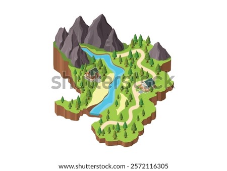 Isometric mountain with natural river and forest 