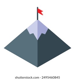 Isometric mountain peak with red flag representing achieving business goals