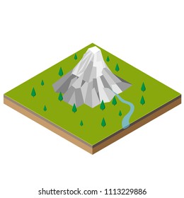 Isometric Mountain Range, mountain and river landscape in the woods. Outdoor leisure-Vector 3d isometric Illustration.