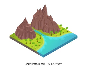 isometric mountain with river flowing to the sea