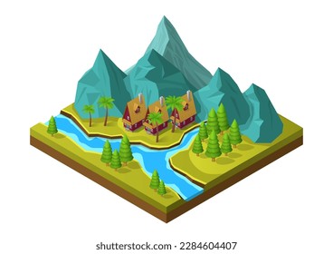 isometric mountain with river and forest