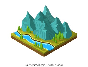 isometric mountain with river and forest