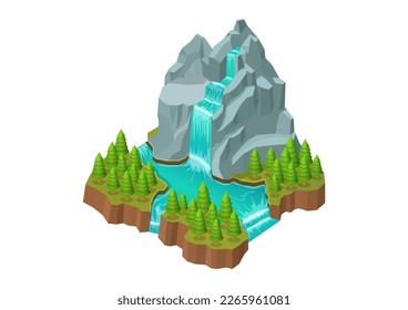 montaña isométrica con cascada y bosque de pinos