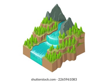 isometric mountain with river waterfall and pine forest