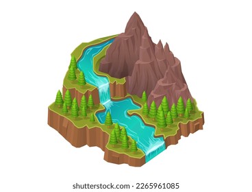 isometric mountain with river waterfall and pine forest