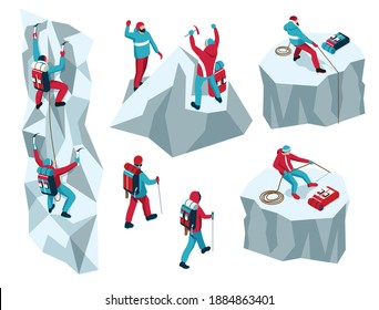 Isometric mountaineering set of isolated icons and characters of climbers on ice cliffs mountains with tools vector illustation