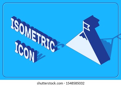 Isometric Mountains and flag on top icon isolated on blue background. Symbol of victory or success concept.  Vector Illustration