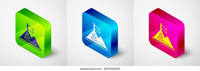 Montañas isométricas con bandera en el icono superior aislado sobre fondo gris. Símbolo de victoria o concepto de éxito. Logro del objetivo. Botón cuadrado. Vector