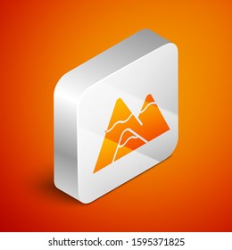 Isometric Mountains icon isolated on orange background. Symbol of victory or success concept. Silver square button. Vector Illustration