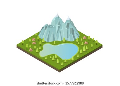 Isometric mountains with lake and trees. outdoor leisure