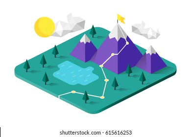 Isometric mountains. Metaphor or symbol of overcoming adversity in strategy and finding leadership solutions corporate of success.  Vector illustration. Material design. Flat style. 