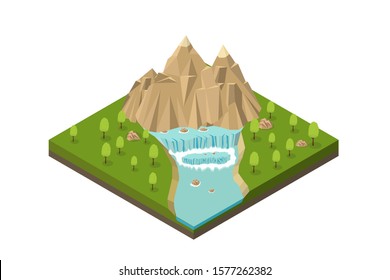 Isometric mountains with waterfall, river, and trees. outdoor leisure