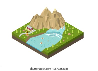 Isometric mountains with waterfall, river, and trees. outdoor leisure