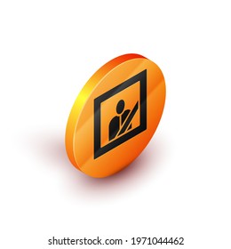 Isometric Mourning photo frame with black ribbon icon isolated on white background. Funeral ceremony and condolence card layout. Orange circle button. Vector