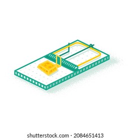 Isometric Mouse Trap with Small Piece of Cheese. Vector Illustration. Outline Icon Isolated on White. Empty Snare.