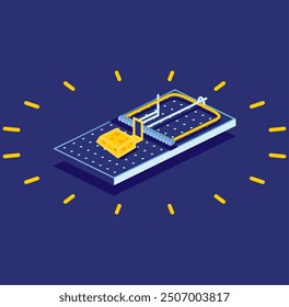 Isometric Mouse Trap with Small Piece of Cheese. Vector Illustration. Icon on blue background. Empty Snare.