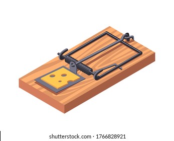 Isometric mousetrap with piece of cheese. Isolated on white background. Stock vector illustration