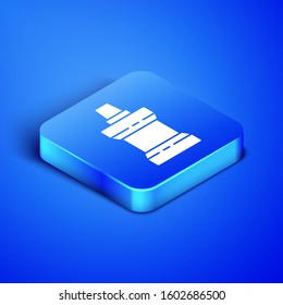 Isometric Mouthwash plastic bottle icon isolated on blue background. Liquid for rinsing mouth. Oralcare equipment. Blue square button. Vector Illustration