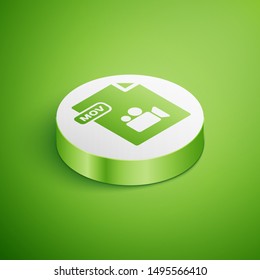 Isometric MOV file document. Download mov button icon isolated on green background. MOV file symbol. Audio and video collection. White circle button. Vector Illustration
