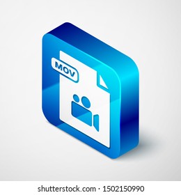 Isometric MOV file document. Download mov button icon isolated on white background. MOV file symbol. Audio and video collection. Blue square button. Vector Illustration
