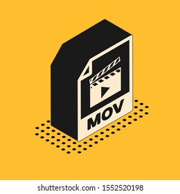 Isometric MOV file document. Download mov button icon isolated on yellow background. MOV file symbol. Audio and video collection.  Vector Illustration