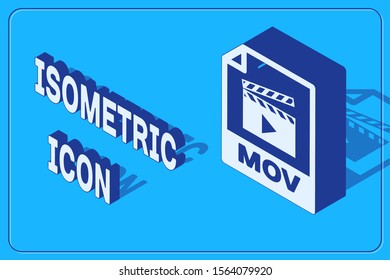 Isometric MOV file document. Download mov button icon isolated on blue background. MOV file symbol. Audio and video collection.  Vector Illustration