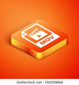 Isometric MOV file document. Download mov button icon isolated on orange background. MOV file symbol. Audio and video collection.  Vector Illustration