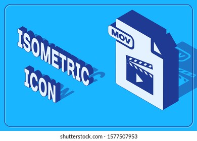 Isometric MOV file document. Download mov button icon isolated on blue background. MOV file symbol. Audio and video collection.  Vector Illustration
