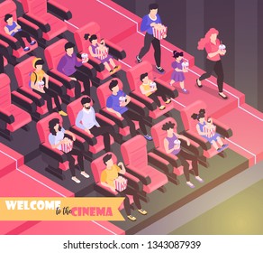 Isometric movie cinema composition background with indoor view of movie theater auditorium with chairs and audience vector illustration