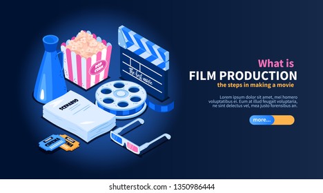 Isometric movie cinema flowchart concept with images of random cinema-related items text and slider button vector illustration
