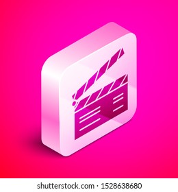 Isometric Movie clapper icon isolated on pink background. Film clapper board. Clapperboard sign. Cinema production or media industry concept. Silver square button. Vector Illustration