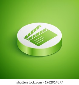 Isometric Movie clapper icon isolated on green background. Film clapper board. Clapperboard sign. Cinema production or media industry. White circle button. Vector