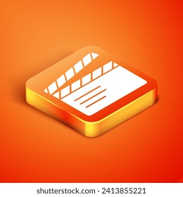 Isometric Movie clapper icon isolated on orange background. Film clapper board. Clapperboard sign. Cinema production or media industry.  Vector