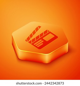 Isometric Movie clapper icon isolated on orange background. Film clapper board. Clapperboard sign. Cinema production or media industry. Orange hexagon button. Vector Illustration