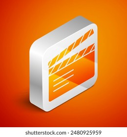 Isometric Movie clapper icon isolated on orange background. Film clapper board. Clapperboard sign. Cinema production or media industry. Silver square button. Vector