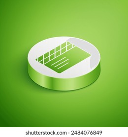 Isometric Movie clapper icon isolated on green background. Film clapper board. Clapperboard sign. Cinema production or media industry. White circle button. Vector