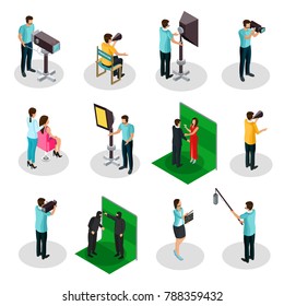 Isometric Movie Crew Shooting Collection With Producer Film Director Actors Cinematographer Camera Operator Production Designer Makeup Artist Isolated Vector Illustration