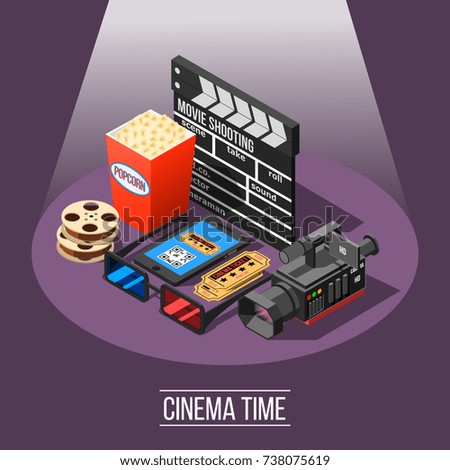 Isometric movie shooting composition with essential filmmaking appliances and cinema attending accessories tickets and smartphone vector illustration