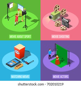 Isometric movie shooting design concept with square conceptual compositions of studio stage elements equipment and actors vector illustration