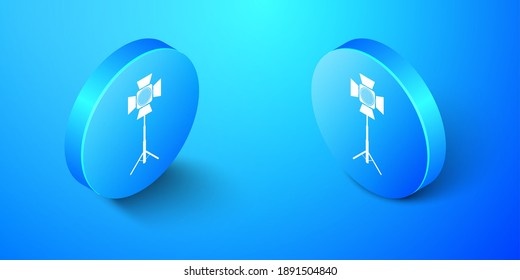 Isometric Movie spotlight icon isolated on blue background. Light Effect. Scene, Studio, Show. Blue circle button. Vector.